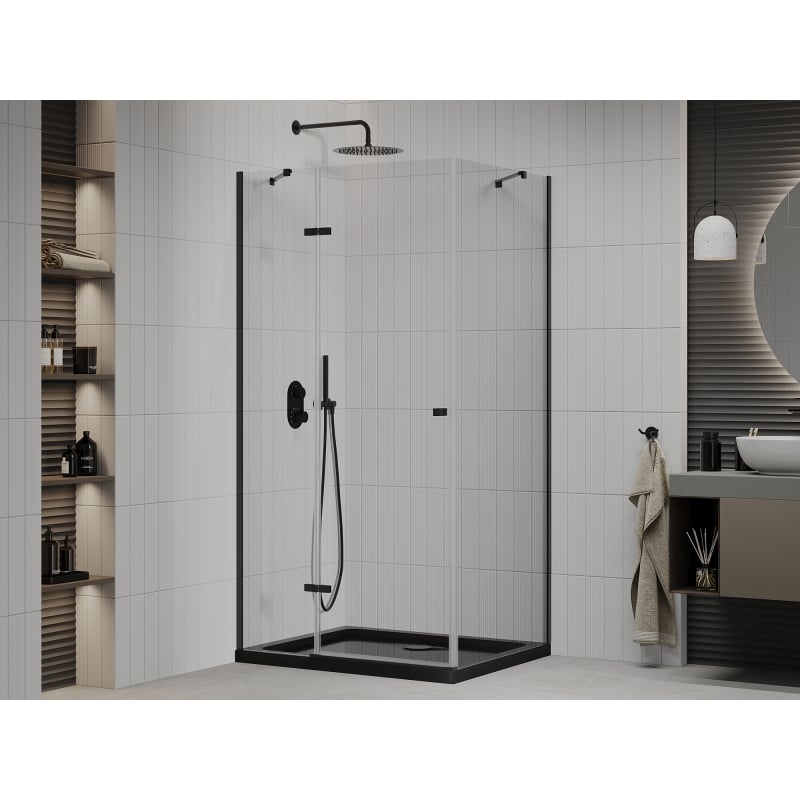 Mexen Roma 90 x 100 cm Swing Shower Enclosure, Transparent, Black + Flat Tray, Black - 854-090-100-70-00-4070B