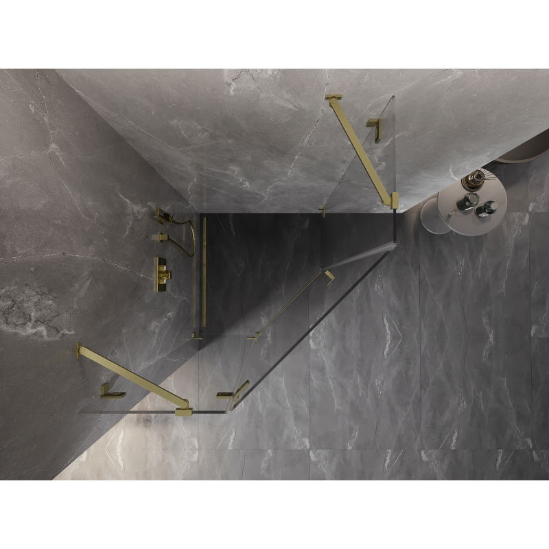 Mexen Lunar femkantig duschkabin med svängdörr vänster 100 x 100 cm, transparent, borstad guld - 831-100L-100P-55-00-L