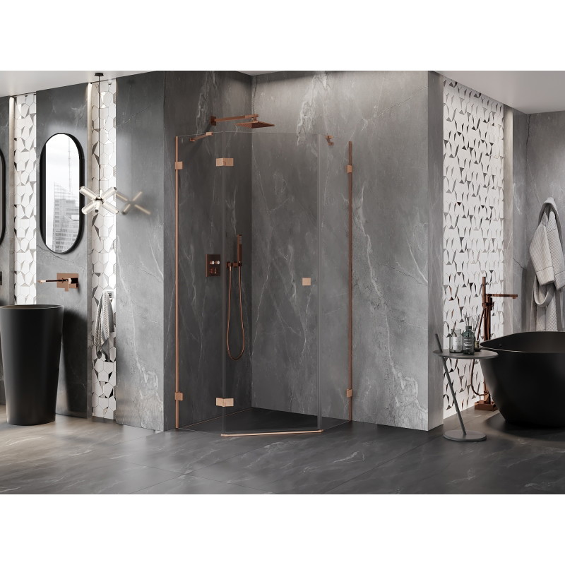 Mexen Lunar viiekujuline dušinurk vasak 80 x 80 cm, läbipaistev, harjatud vask - 831-080L-080P-65-00-L