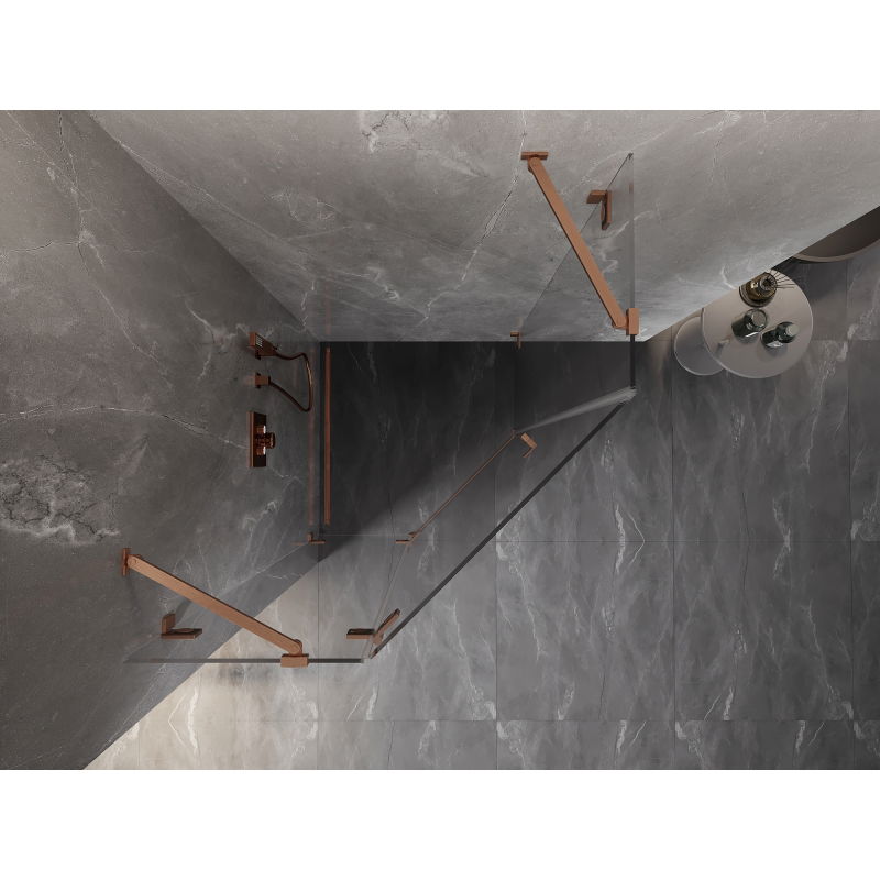 Mexen Lunar cabina doccia pentagonale a battente sinistra 100 x 100 cm, trasparente, rame spazzolato - 831-100L-100P-65-00-L