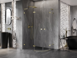 Mexen Lunar L halvrund duschkabin med svängbar vänsterdörr 90 x 80 cm, transparent, guld - 833L-090L-080P-50-00