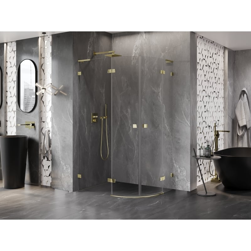Mexen Lunar L polukružna tuš kabina s preklopnim vratima lijeva 100 x 90 cm, prozirna, zlatna - 833L-100L-090P-50-00