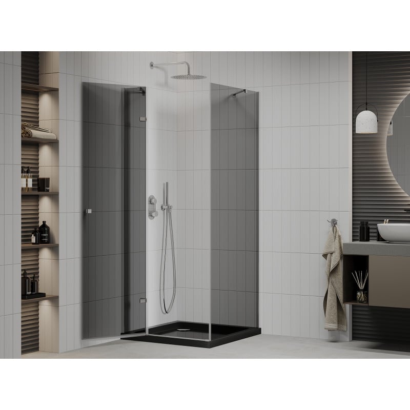 Mexen Roma cabina de ducha abatible 80 x 80 cm, grafito, cromo + plato de ducha Flat, negro - 854-080-080-01-40-4070