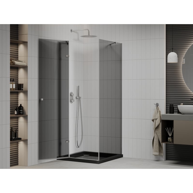 Mexen Roma kabina prysznicowa uchylna 80 x 80 cm, grafit, chrom + brodzik Flat, czarny - 854-080-080-01-40-4070