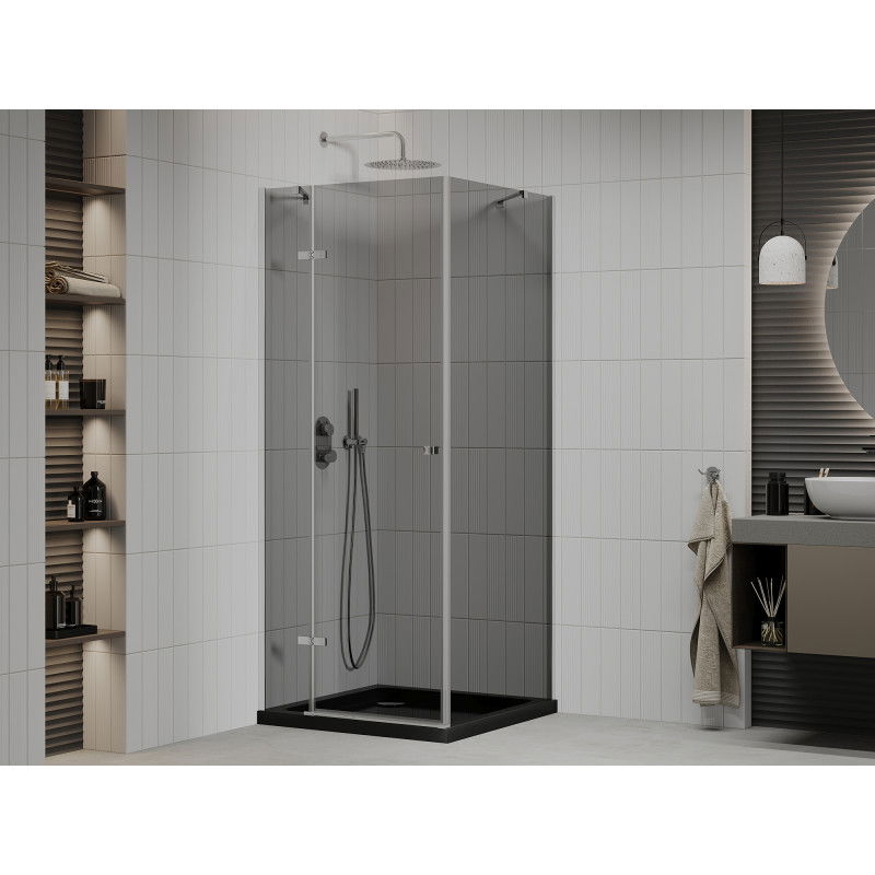 Mexen Roma duschkabin med svängdörrar 80 x 80 cm, grafit, krom + flat svart duschkar - 854-080-080-01-40-4070