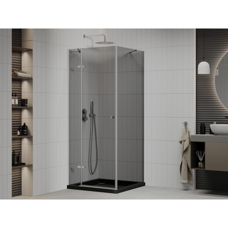 Mexen Roma cabine de douche pivotante 90 x 90 cm, graphite, chrome + receveur Flat, noir - 854-090-090-01-40-4070