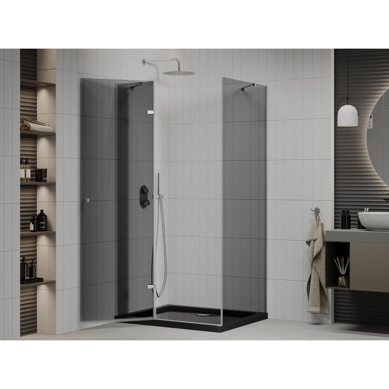 Mexen Roma 90 x 100 cm Pivot Shower Enclosure, Graphite, Chrome + Flat Tray, Black - 854-090-100-01-40-4070