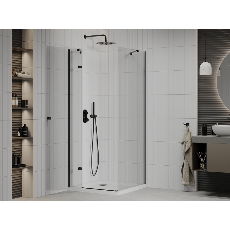 Mexen Roma draaideur douchecabine 70 x 70 cm, transparant, zwart + Flat douchebak, wit - 854-070-070-70-00-4010B