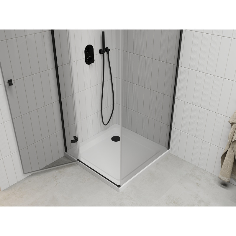 Mexen Roma cabine de douche pivotante 70 x 70 cm, transparente, noire + bac Flat, blanc - 854-070-070-70-00-4010B