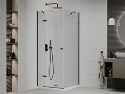 Mexen Roma preklopna tuš kabina 90 x 90 cm, prozirna, crna + tuš kada Flat, bijela - 854-090-090-70-00-4010B