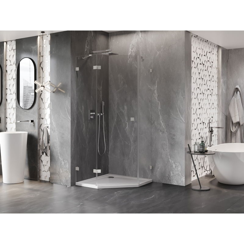 Mexen Lunar Fünfeck-Duschkabine mit linker Tür 80 x 80 cm, transparent, gebürstetes Nickel - 831-080L-080P-97-00-L