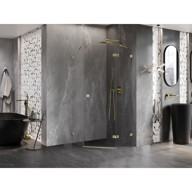Mexen Lunar viienurkse parempoolse hingedega dušinurk 90 x 90 cm, läbipaistev, kuldne - 831-090P-090L-50-00-P