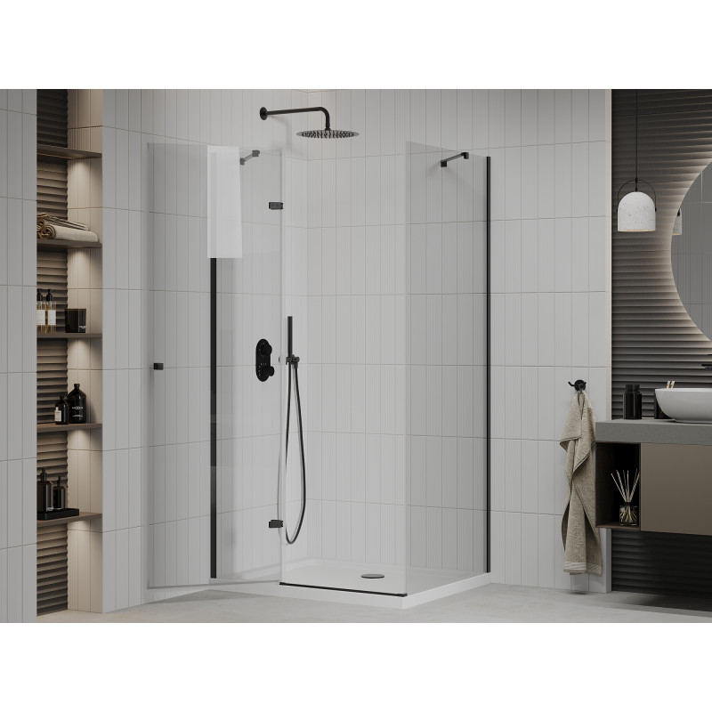 Mexen Roma Schwingduschkabine 120 x 90 cm, transparent, schwarz + Duschwanne Flat, weiß - 854-120-090-70-00-4010B