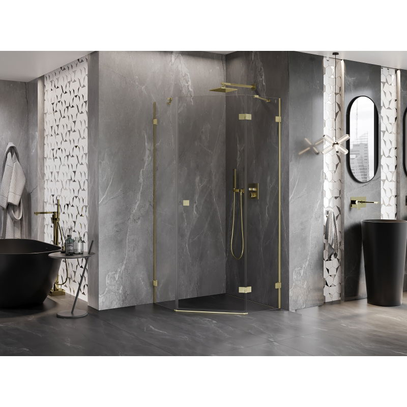 Mexen Lunar vijfhoekige douchecabine, scharnierend, rechts 80 x 80 cm, transparant, geborsteld goud - 831-080P-080L-55-00-P