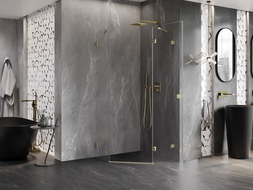 Mexen Lunar cabina doccia pentagonale ad anta destra 100 x 100 cm, trasparente, oro spazzolato - 831-100P-100L-55-00-P