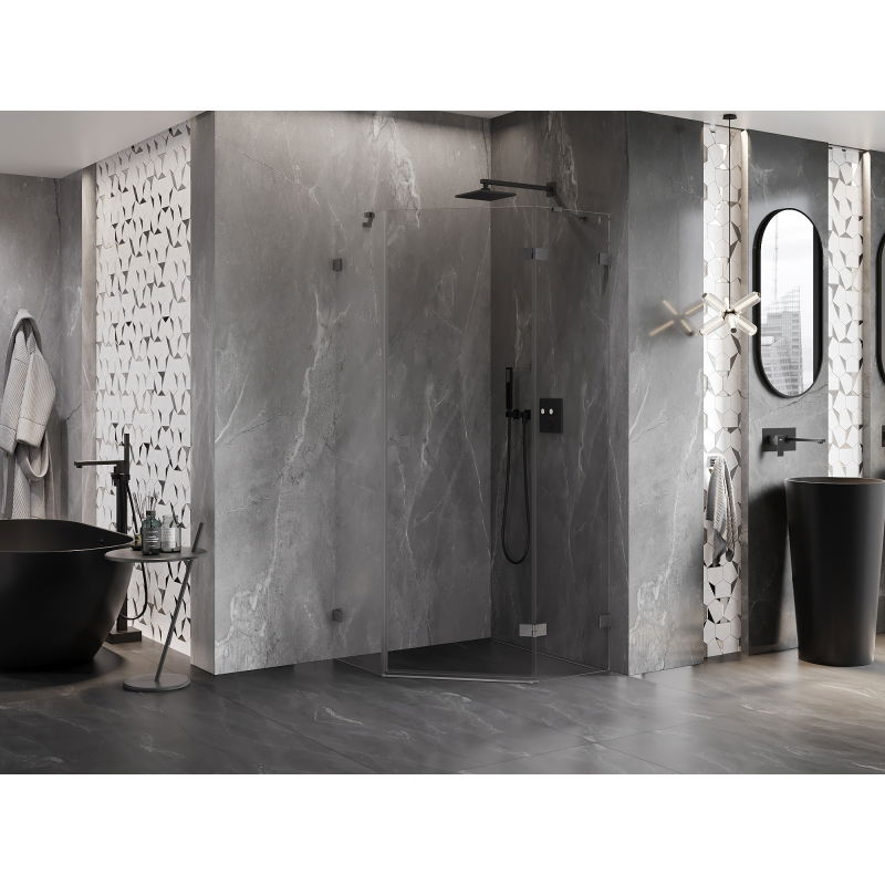 Mexen Lunar cabine de douche pentagonale pivotante droite 90 x 90 cm, transparent, gris pistolet brossé - 831-090P-090L-66-00-P