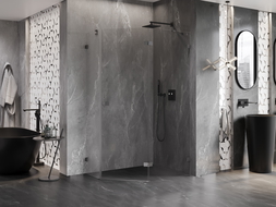 Mexen Lunar cabina doccia pentagonale a porta battente destra 100 x 80 cm, trasparente, grigio canna di fucile spazzolato