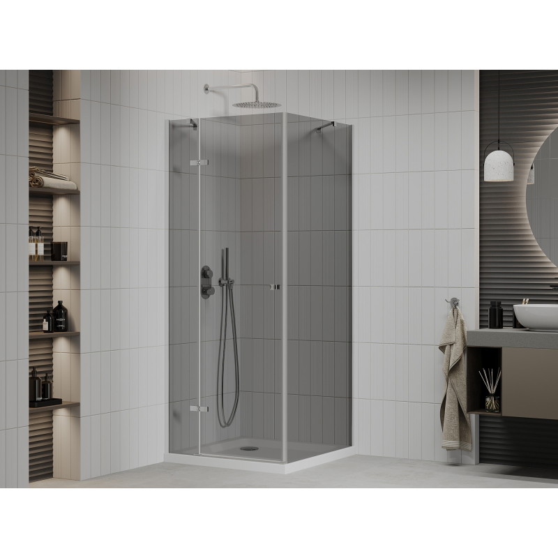 Mexen Roma pivot shower enclosure 90 x 90 cm, graphite, chrome + Flat shower tray, white - 854-090-090-01-40-4010