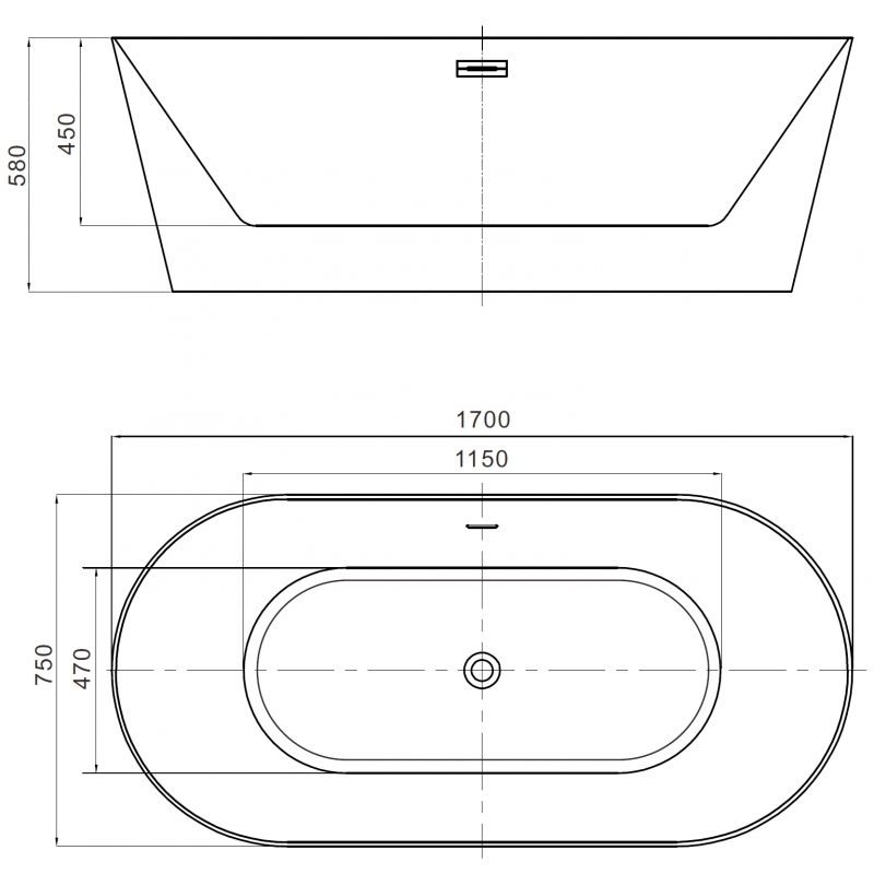 Mexen Luna Slim freestanding bath 170 x 75 cm, white, black overflow - 52041707500-70