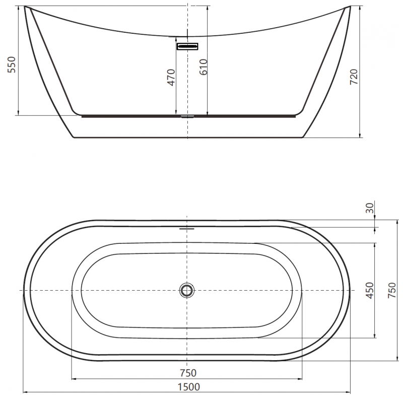 Mexen Lotos brīvi stāvoša vanna 150 x 75 cm, balta, noteces caurums gun metal - 52051507700-95