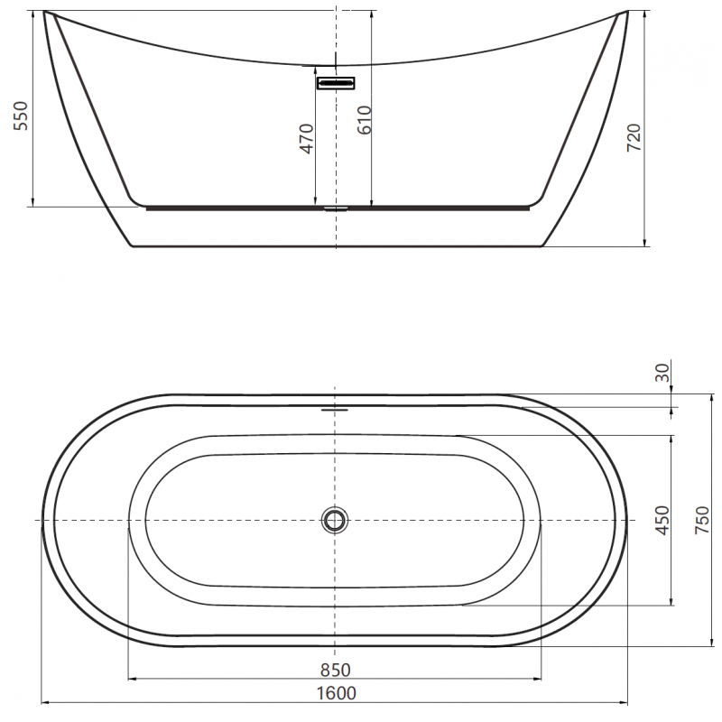 Mexen Lotos vrijstaande badkuip 160 x 75 cm, wit/zwart, overloop geborsteld gun gray - 52051607775-66