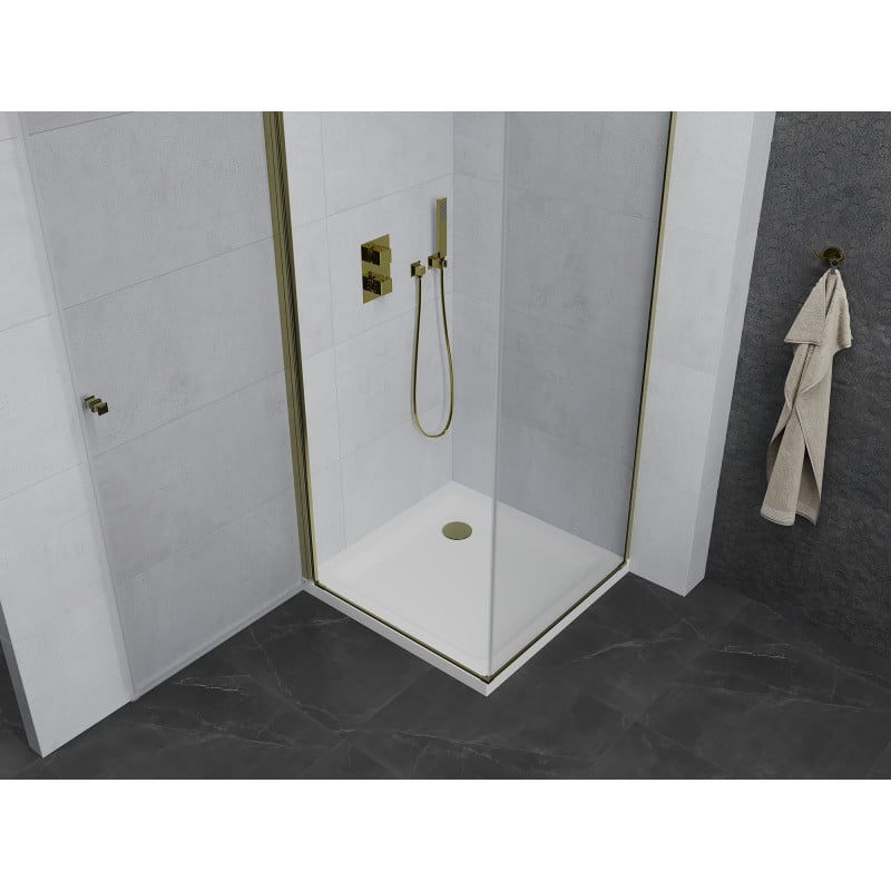 Mexen Pretoria Schwenkbare Duschkabine 70 x 70 cm, Transparent, Gold + Flat Duschwanne - 852-070-070-50-00-4010