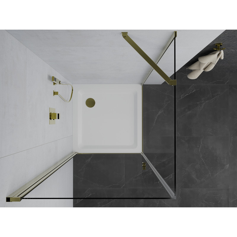 Mexen Pretoria cabine de douche battante 90 x 90 cm, transparente, dorée + receveur de douche Flat - 852-090-090-50-00-4010