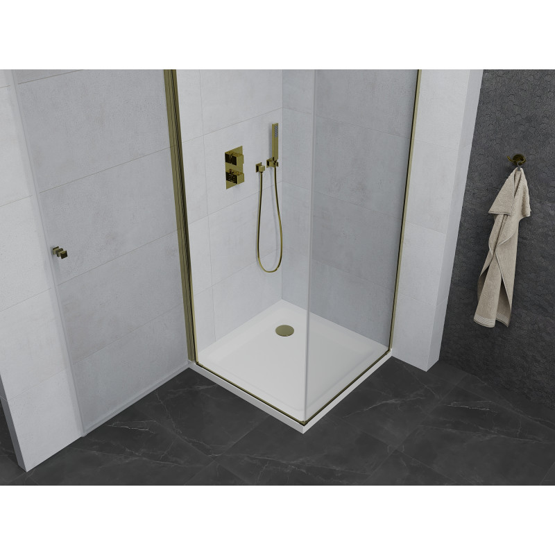Mexen Pretoria draaibare douchecabine 90 x 90 cm, transparant, goud + Flat douchebak - 852-090-090-50-00-4010