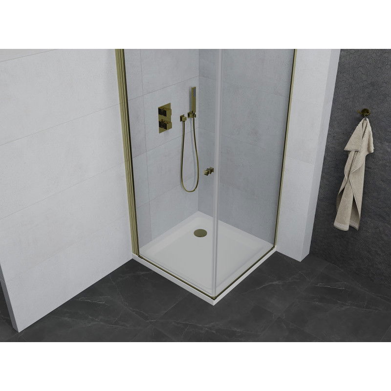Mexen Pretoria cabina doccia apribile 90 x 90 cm, trasparente, dorata + piatto doccia Flat - 852-090-090-50-00-4010