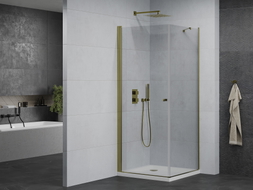 Mexen Pretoria 90 x 90 cm, läbipaistev, kuldne hingedega dušinurk + Flat dušialus - 852-090-090-50-00-4010