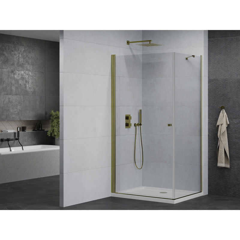 Mexen Pretoria cabina doccia a battente 70 x 80 cm, trasparente, oro + piatto doccia Flat - 852-070-080-50-00-4010
