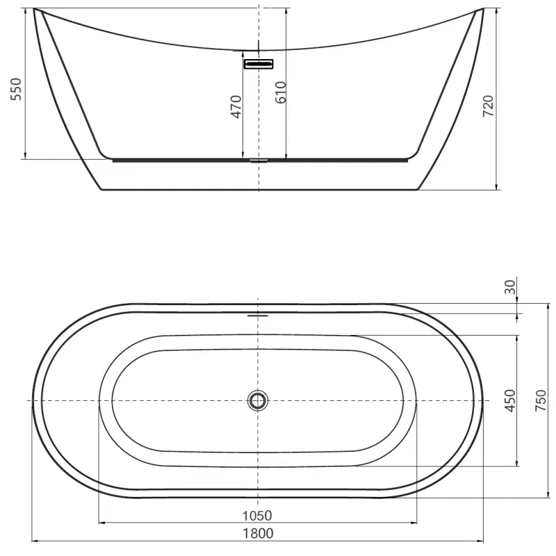 Mexen Lotos freistehende Badewanne 180 x 75 cm, weiß/schwarz, Überlauf gebürstetes Kupfer - 52051807775-65