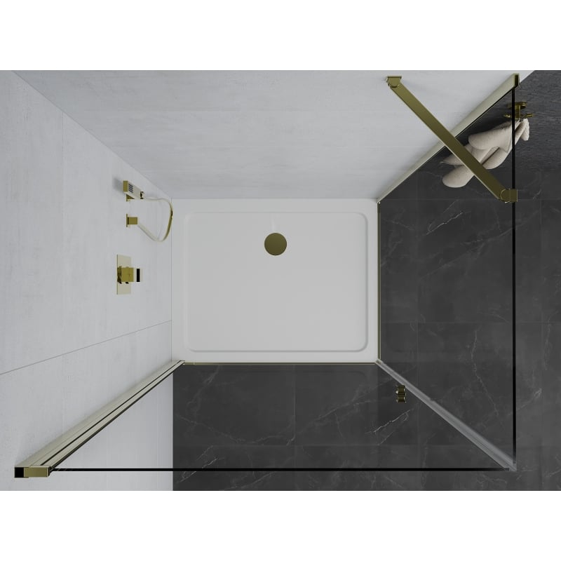 Mexen Pretoria hõlpsa uksega dušinurk 70 x 100 cm, läbipaistev, kuldne + Flat dušialus - 852-070-100-50-00-4010