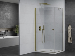 Mexen Pretoria cabina doccia con porta a battente 80 x 70 cm, trasparente, oro + piatto doccia Flat - 852-080-070-50-00-4010