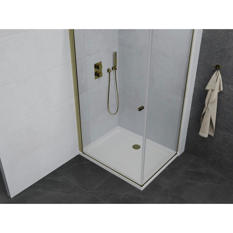 Mexen Pretoria douchecabine draaideur 90 x 70 cm, transparant, goud + Flat douchebak - 852-090-070-50-00-4010