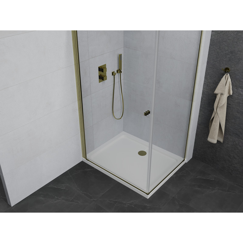 Mexen Pretoria Duschkabine schwingbar 90 x 100 cm, transparent, gold + Flat Duschwanne - 852-090-100-50-00-4010