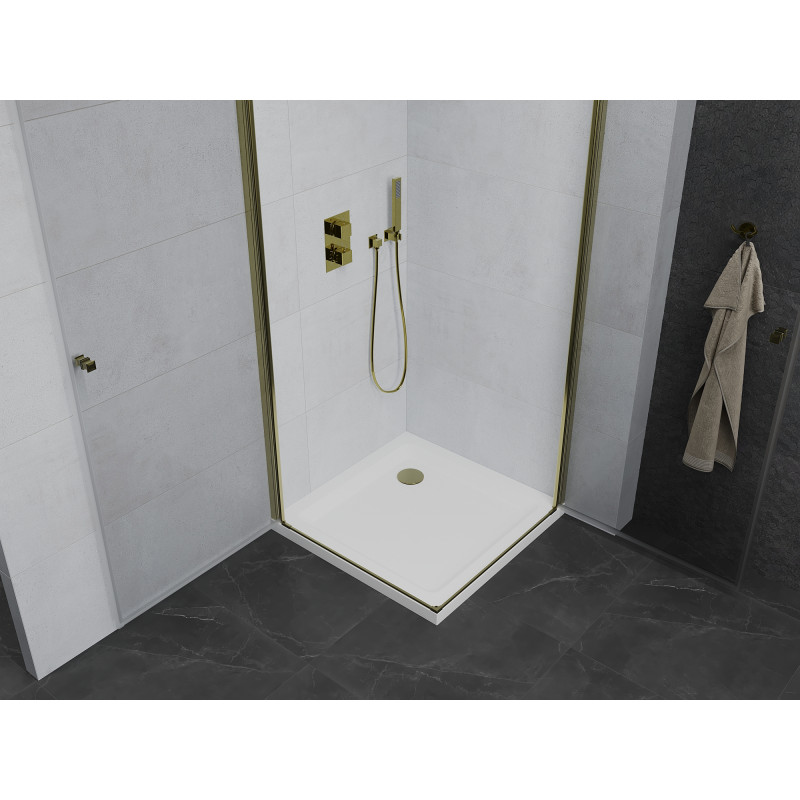 Mexen Pretoria Cabine de douche duo à charnière 80 x 80 cm, transparente, dorée + bac à douche plat