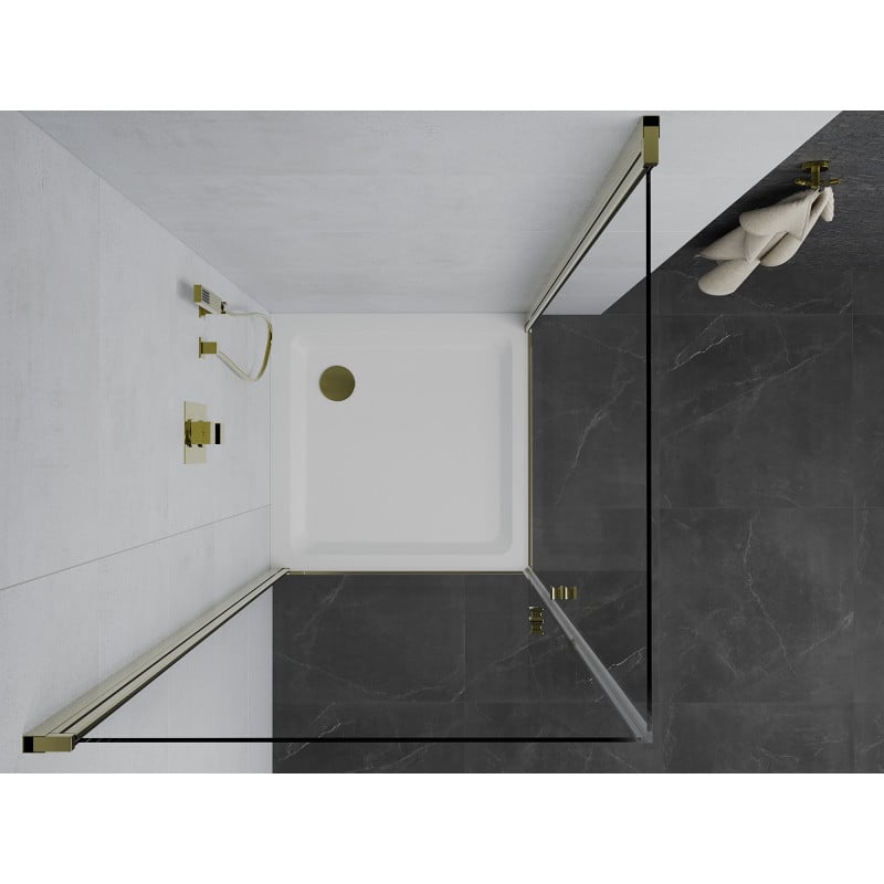 Mexen Pretoria Cabina doccia a battente Duo 90 x 90 cm, trasparente, oro + piatto doccia Flat - 852-090-090-50-02-4010G