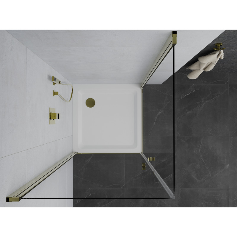Mexen Pretoria Duo Duschkabine, klappbar 90 x 90 cm, transparent, gold + Flat Duschwanne - 852-090-090-50-02-4010G