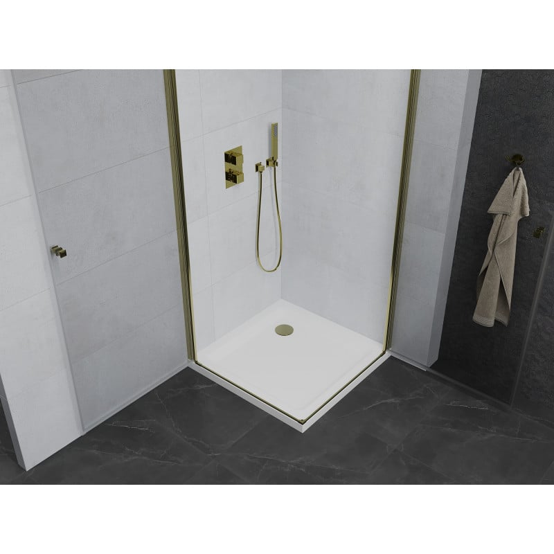 Mexen Pretoria Duo cabine de duche articulada 90 x 90 cm, transparente, dourado + base de duche Flat - 852-090-090-50-02-4010G