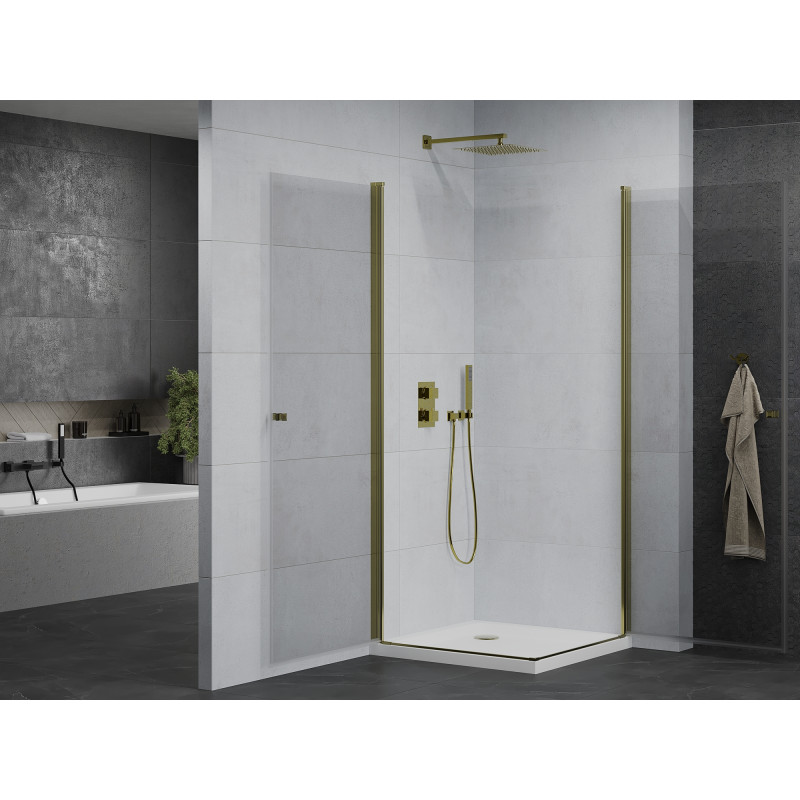 Mexen Pretoria Cabina doccia a battente Duo 90 x 90 cm, trasparente, oro + piatto doccia Flat - 852-090-090-50-02-4010G