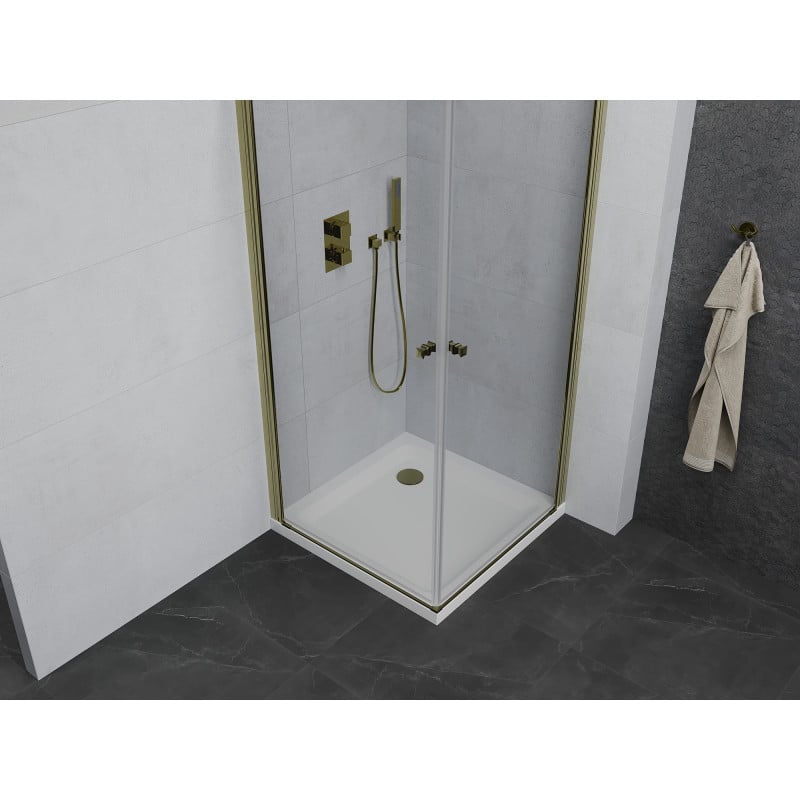 Mexen Pretoria Duo cabine de duche articulada 90 x 90 cm, transparente, dourado + base de duche Flat - 852-090-090-50-02-4010G
