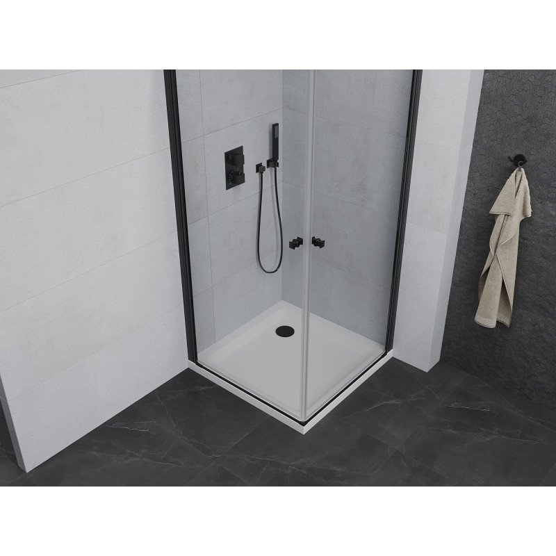 Mexen Pretoria Duo Duschkabine zum Öffnen 80 x 80 cm, transparent, schwarz + Duschwanne Flat - 852-080-080-70-02-4010B
