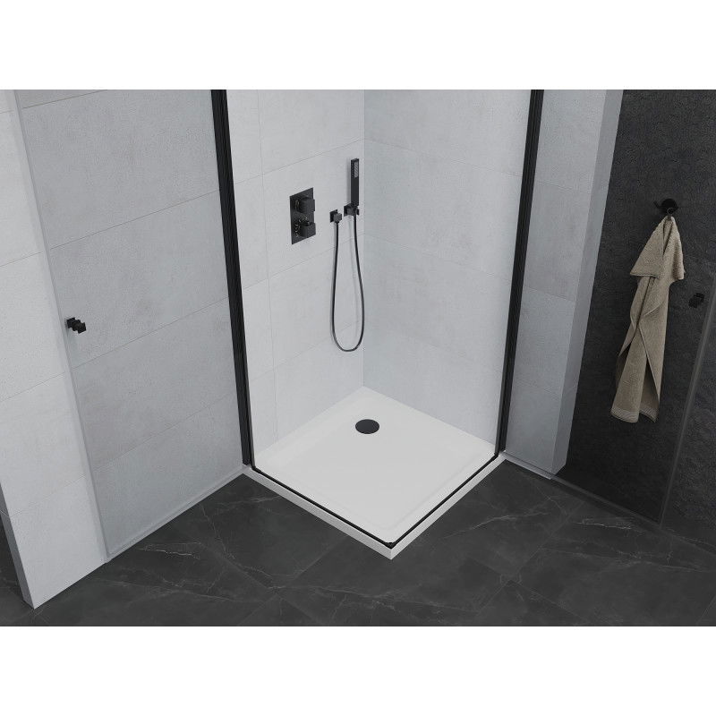 Mexen Pretoria Duo cabina doccia a battente 90 x 90 cm, trasparente, nera + piatto doccia Flat - 852-090-090-70-02-4010B