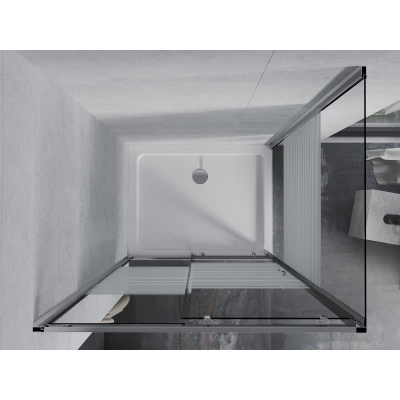 Mexen Apia kabina prysznicowa rozsuwana 90 x 80 cm, białe pasy, chrom + brodzik Flat - 840-090-080-01-20-4010