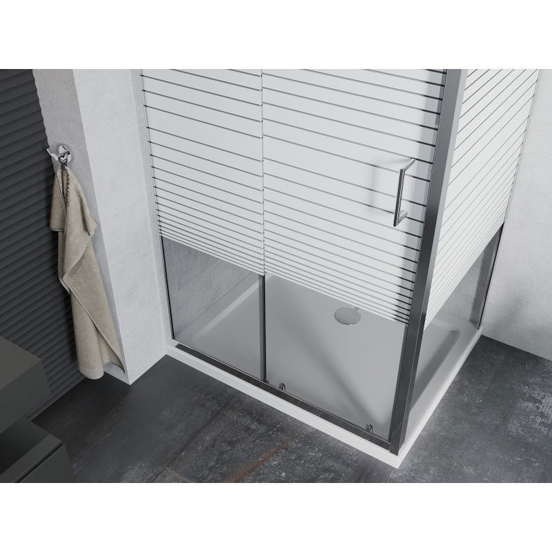 Mexen Apia sliding shower cabin 90 x 100 cm, white stripes, chrome + Flat tray - 840-090-100-01-20-4010