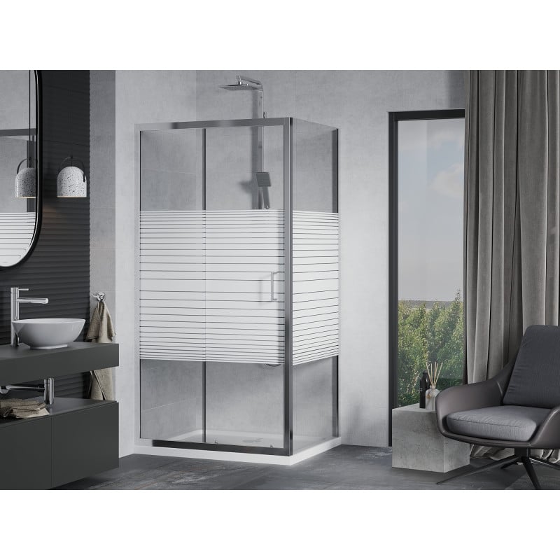 Mexen Apia cabine de douche coulissante 100 x 70 cm, bandes blanches, chrome + receveur Flat - 840-100-070-01-20-4010
