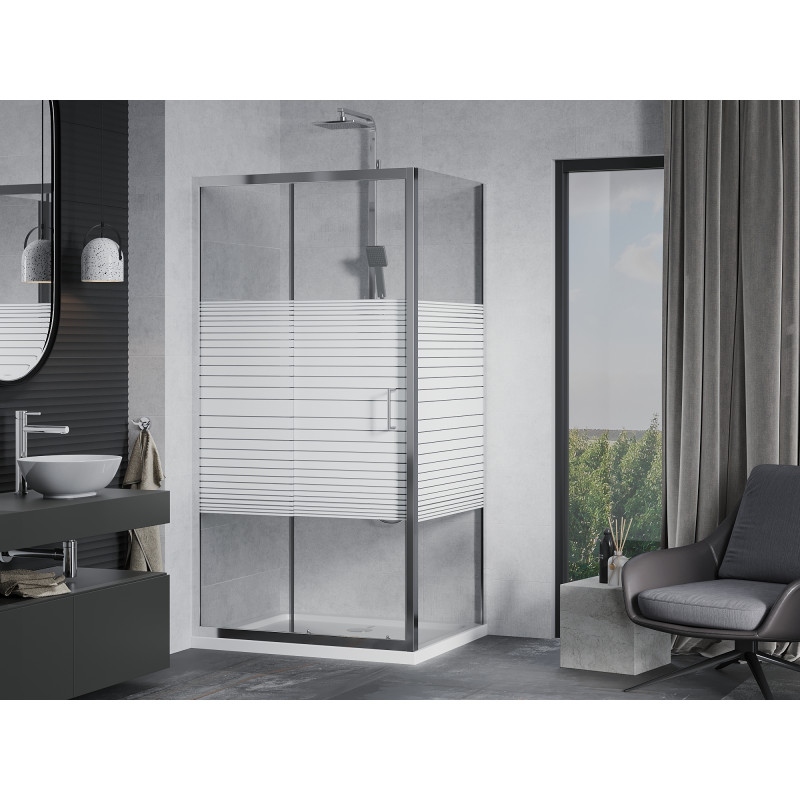 Mexen Apia kabina prysznicowa rozsuwana 130 x 100 cm, białe pasy, chrom + brodzik Flat - 840-130-100-01-20-4010