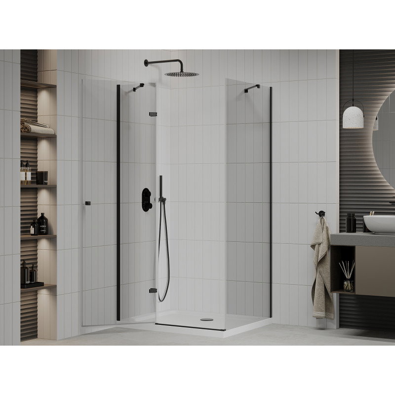 Mexen Roma 80 x 110 cm Hinged Shower Enclosure, Transparent, Black + Flat Tray, White - 854-080-110-70-00-4010B