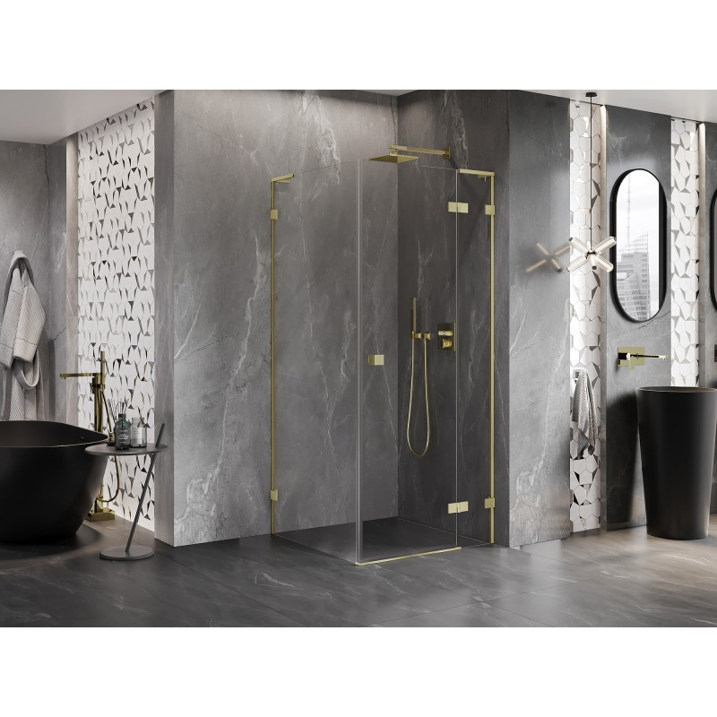 Mexen Lunar L dušinurk, parempoolne 100 x 100 cm, läbipaistev, harjatud kuld - 834L-100-100-55-00-P